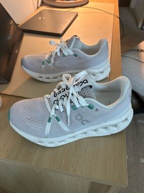 On Cloudrunning Women's Athletic Shoes - White with Green Accents